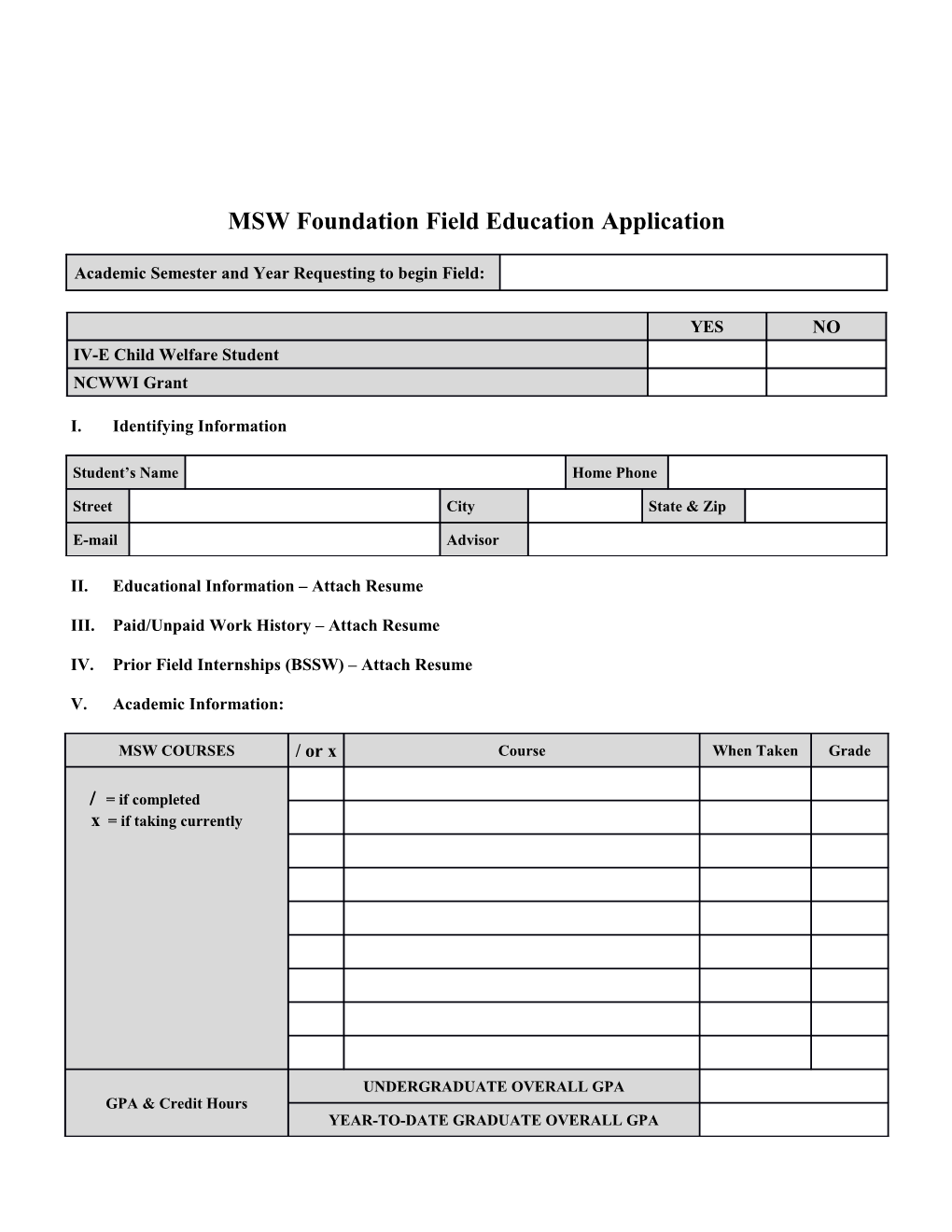 MSW Foundation Field Education Application