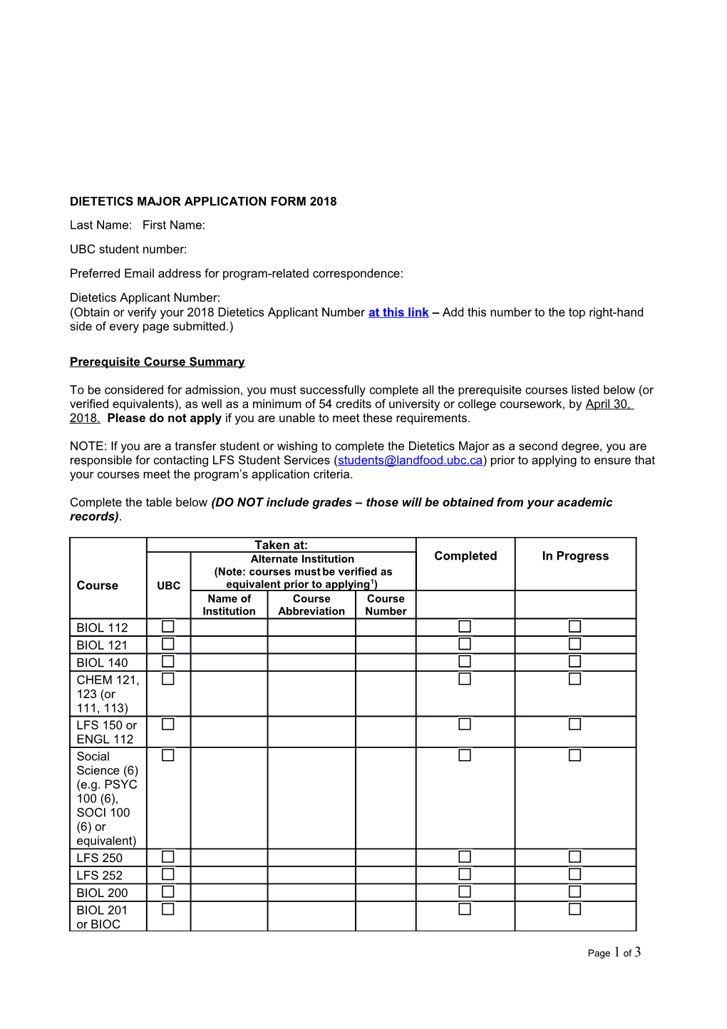 Application to 3Rd Year Dietetics Major, B