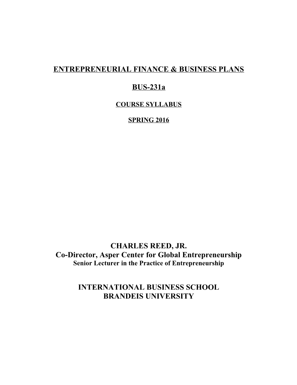 Entrepreneurial Finance & Business Plans