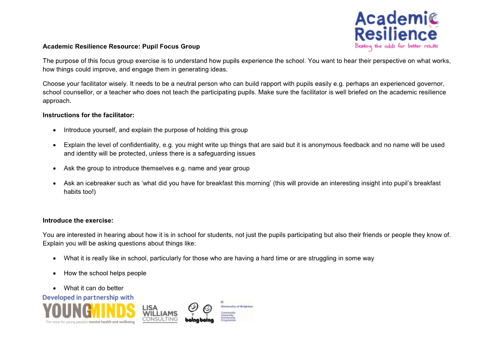 Academic Resilience Resource: Pupil Focus Group