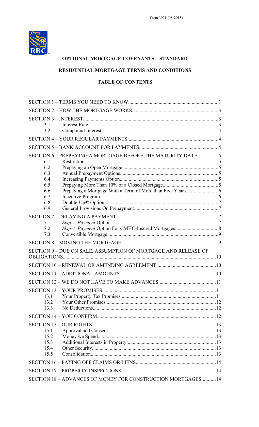 Optional Mortgage Covenants Standard