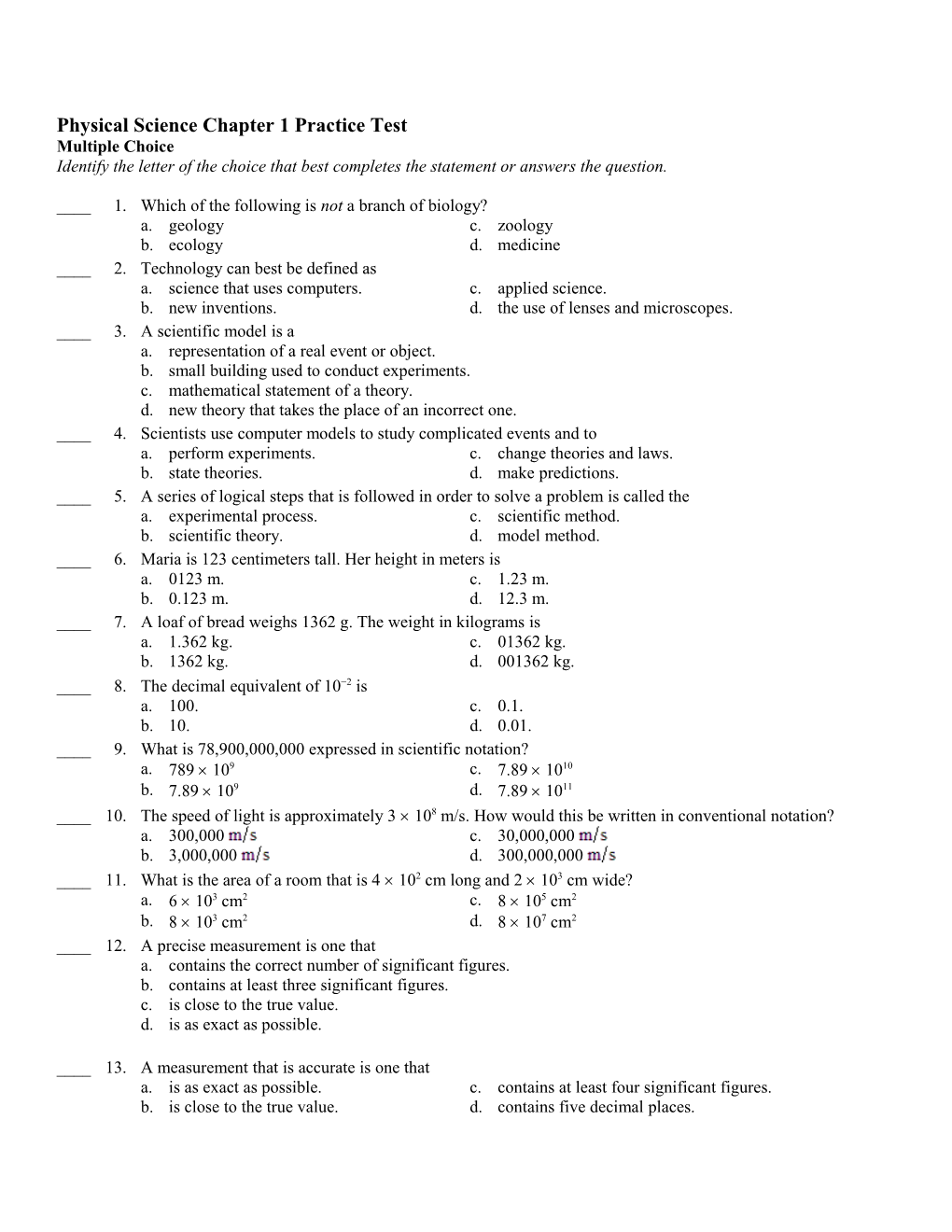 Physical Science Chapter 1 Practice Test