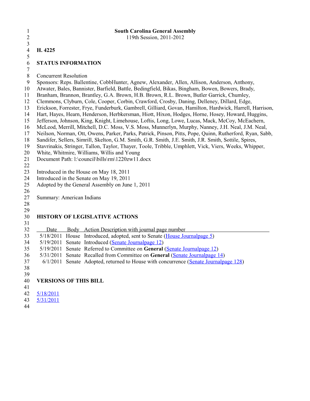 2011-2012 Bill 4225: American Indians - South Carolina Legislature Online