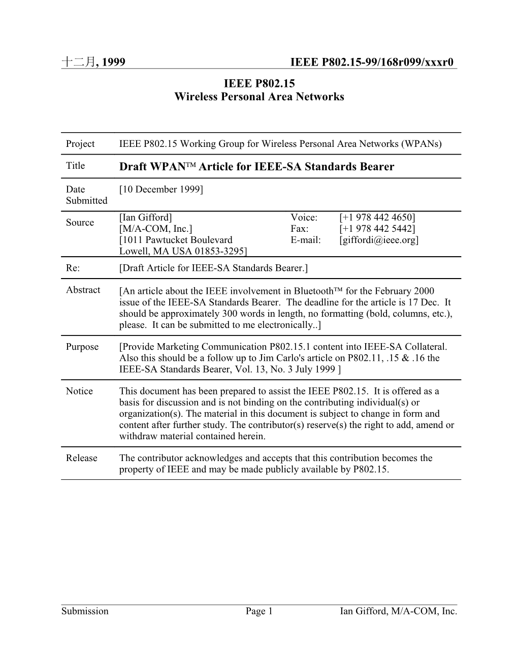 Draft WPAN Article for IEEE-SA Standards Bearer