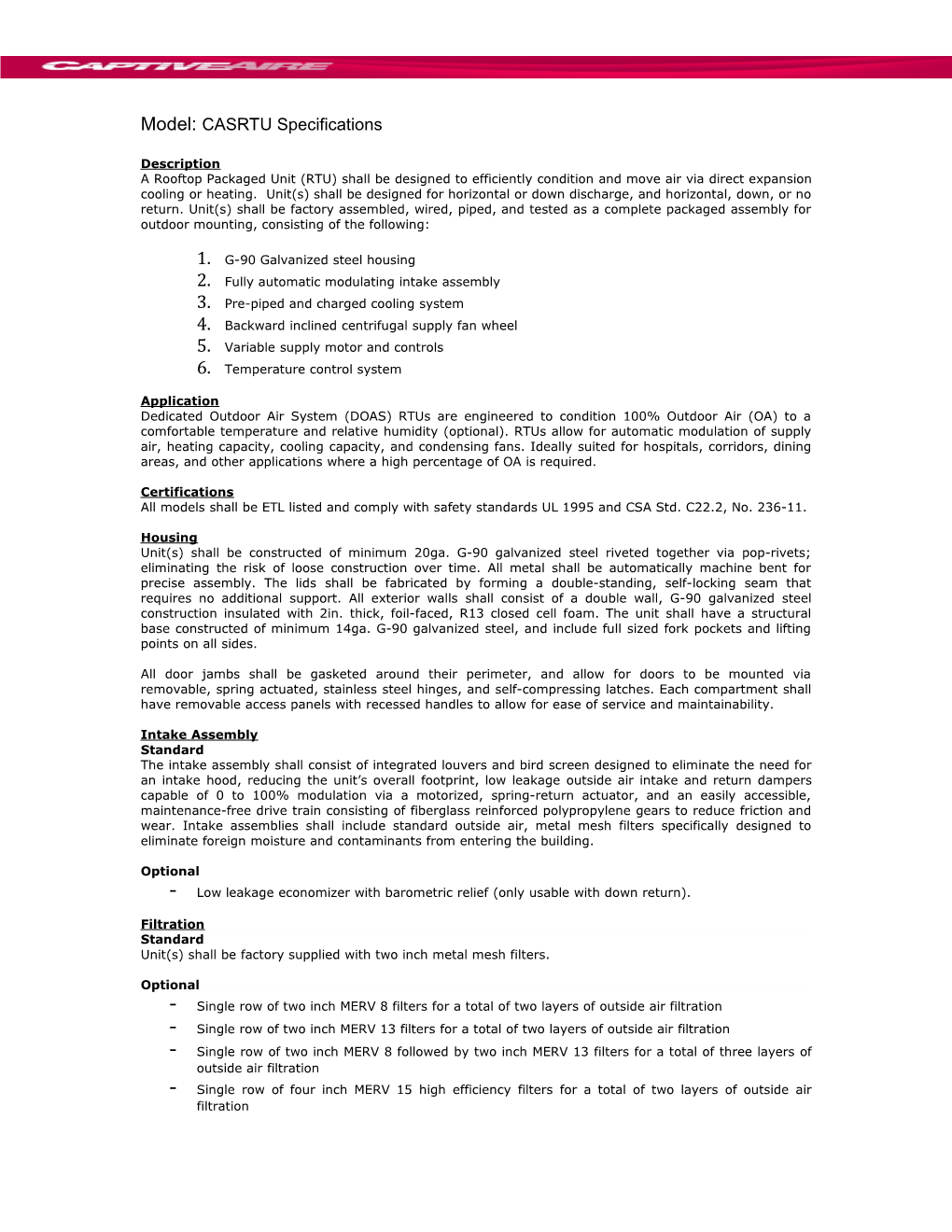 Model: CASRTU Specifications