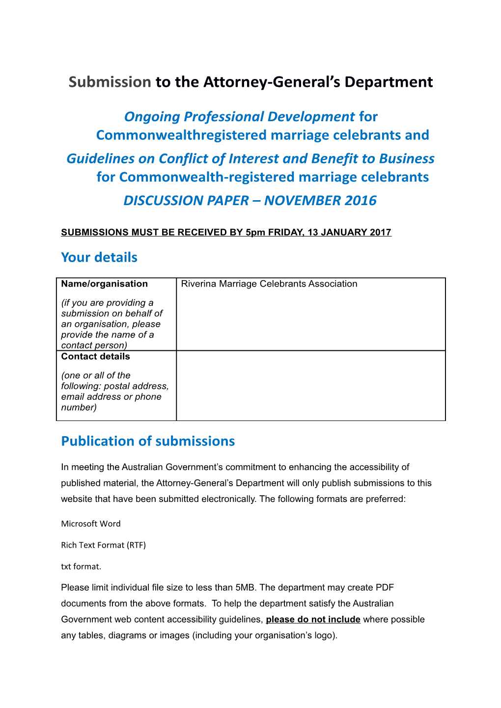 Submissions to OPD for Marriage Celebrants Consultation - Riverina Marriage Celebrants