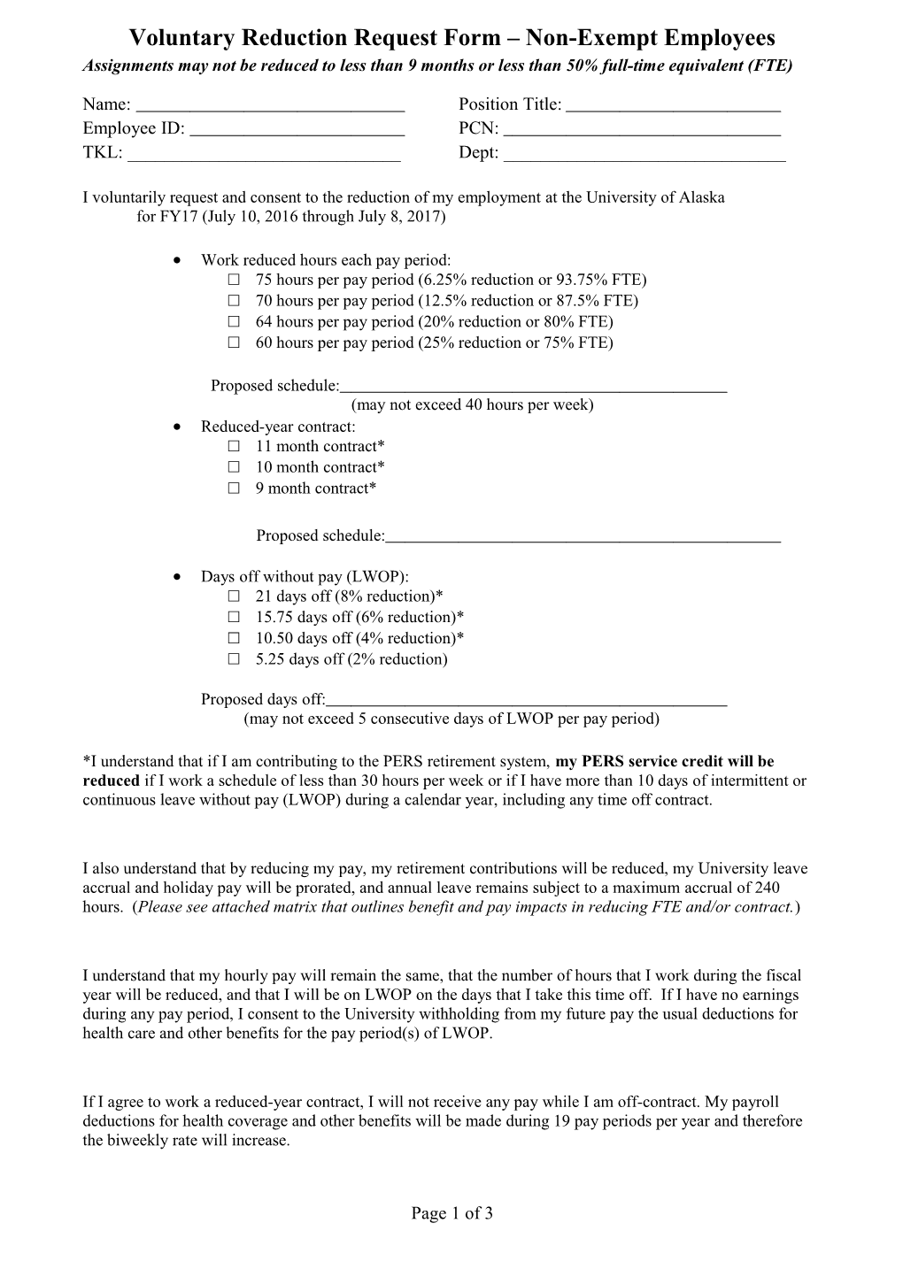 Voluntary Reduction Request Form Non-Exempt Employees
