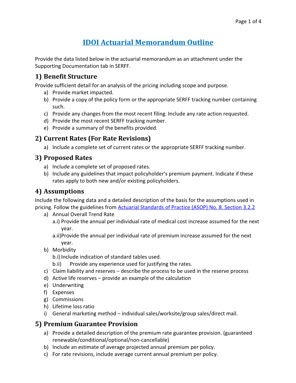 IDOI Actuarial Memorandum Outline: Basicpage 4 of 4