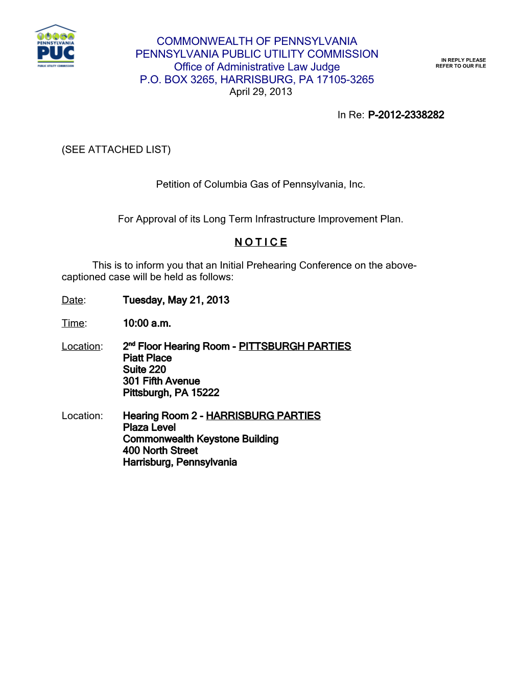 Pittsburgh Prehearing Conference Notice s2