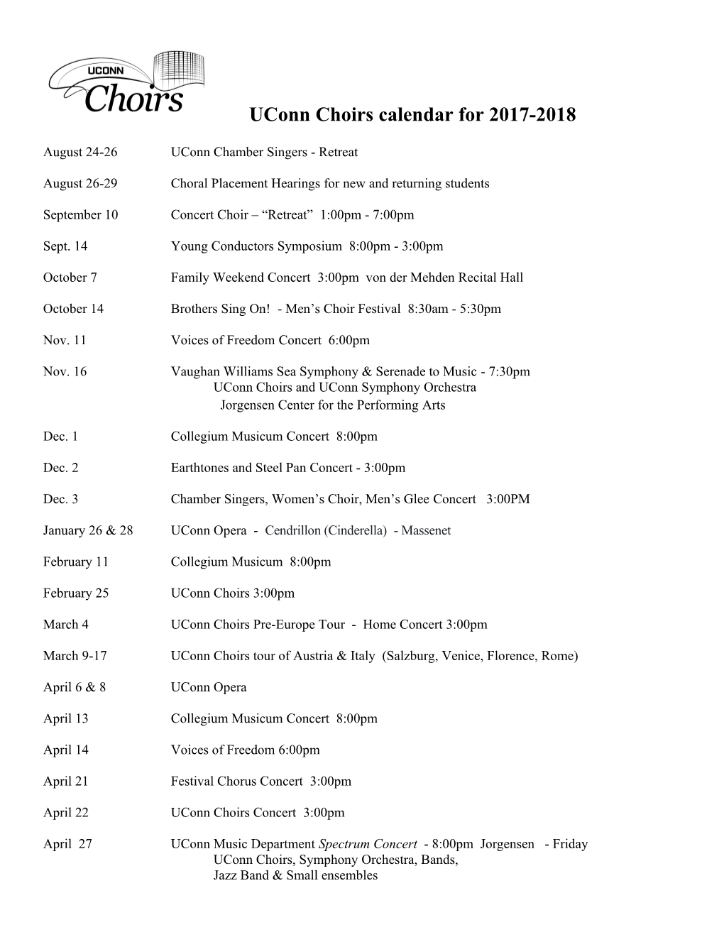 Uconn Choirs Calendar for 2017-2018