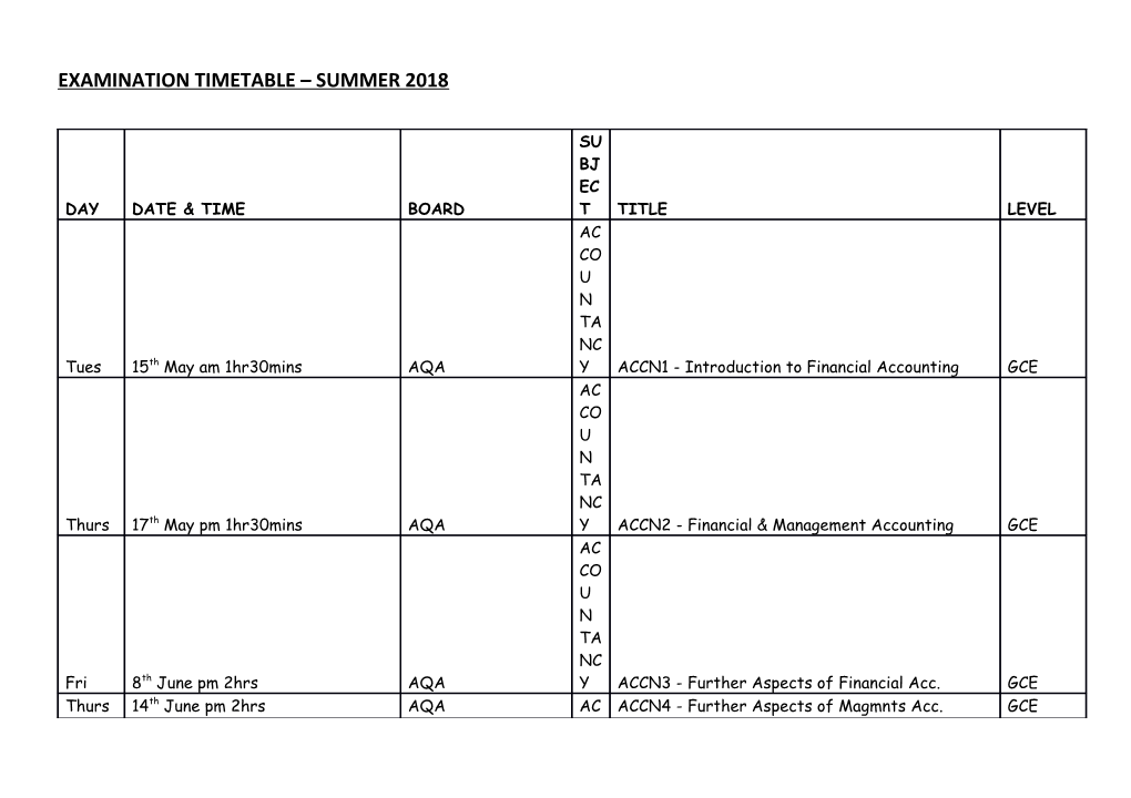 Examination Timetable Summer 2018