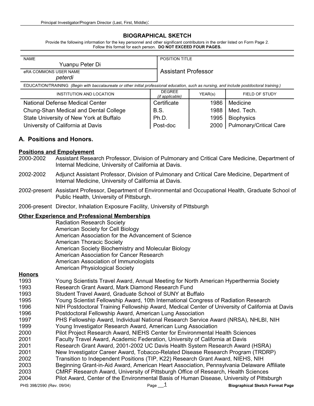 PHS 398 (Rev. 9/04), Biographical Sketch Format Page s10