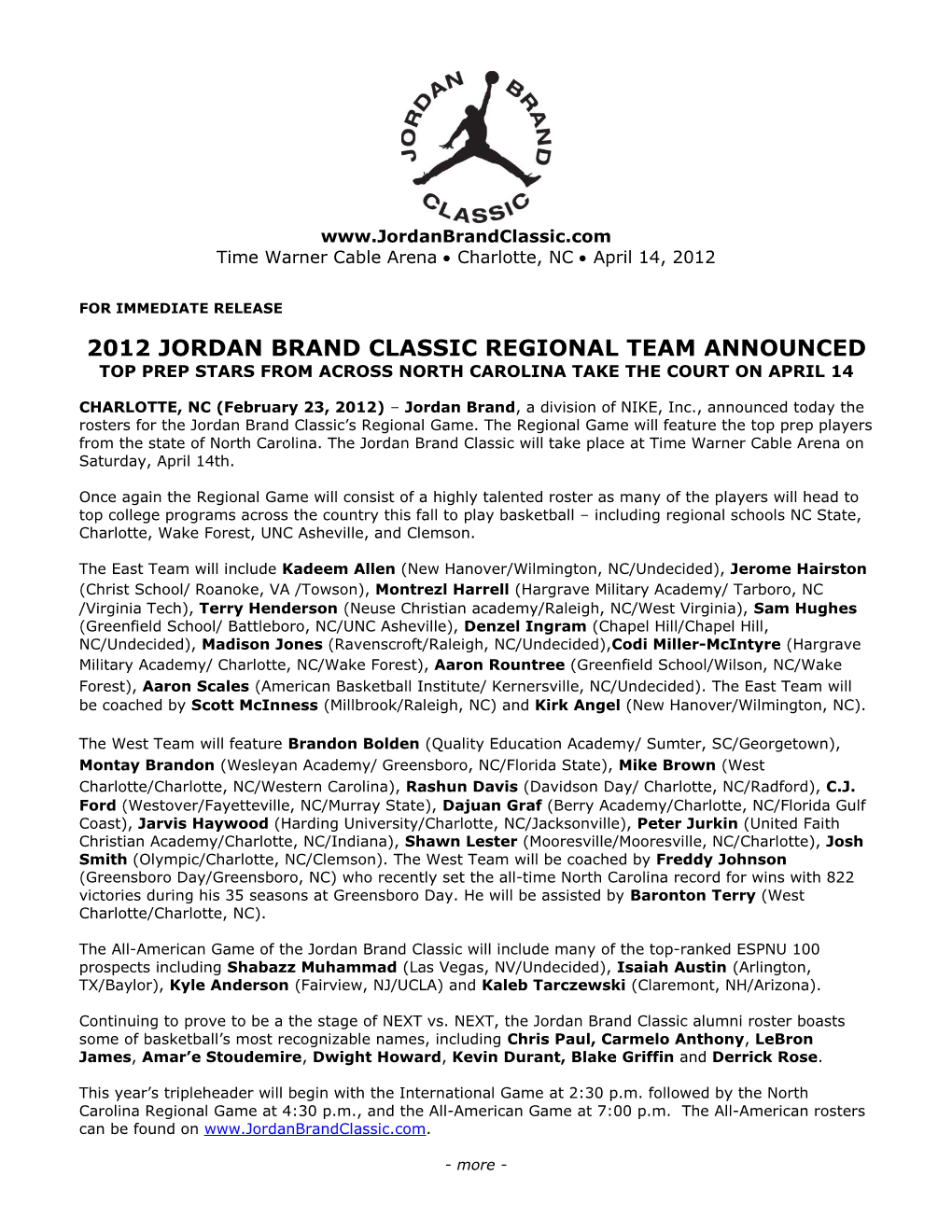 2012 Jordan Brand Classic Regional Teamannounced