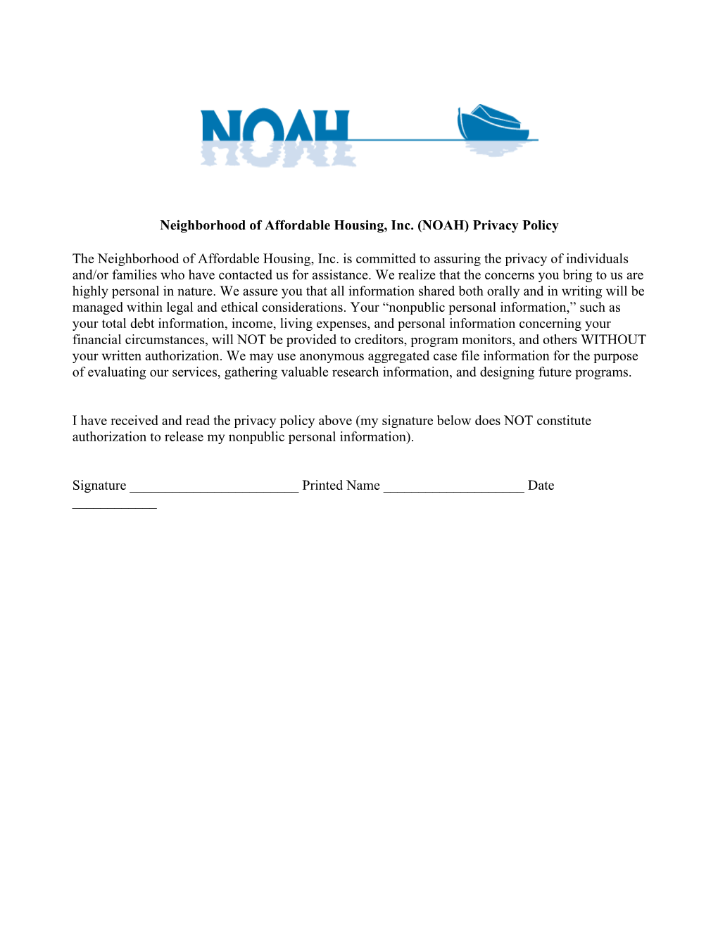 Neighborhood of Affordable Housing, Inc. (NOAH) Privacy Policy