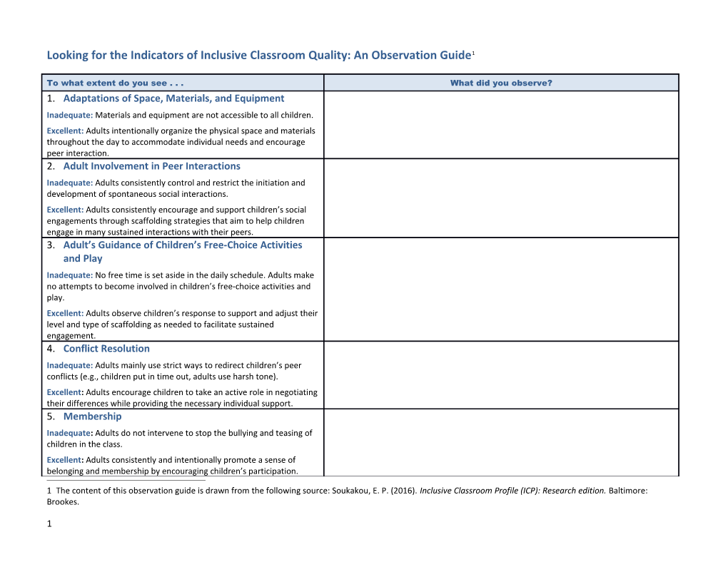 Looking for the Indicators of Inclusive Classroom Quality: an Observation Guide 1