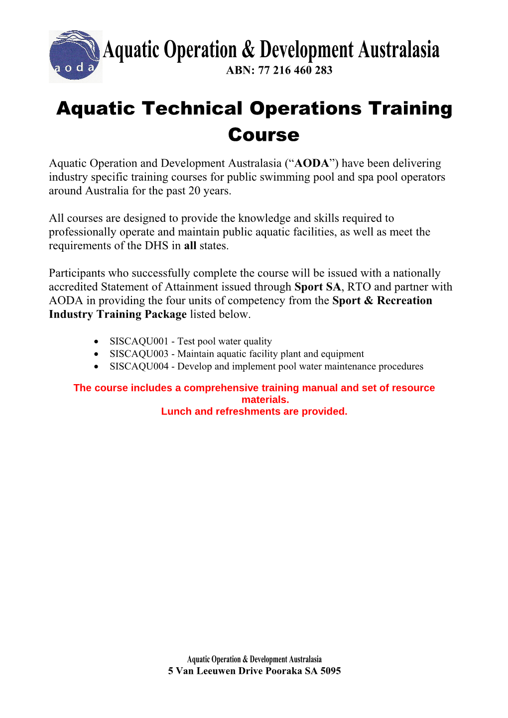 Aquatic Technical Operations Training Course