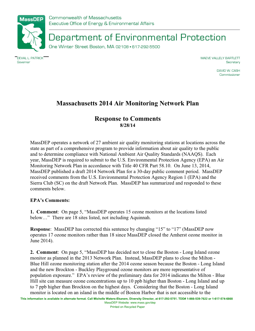 Massachusetts 2014 Air Monitoring Network Plan