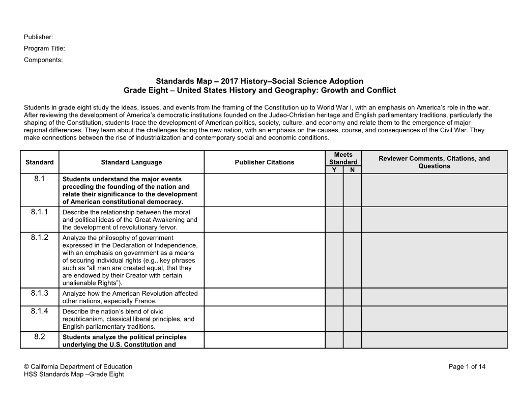 HSS Standards Map, Grade 8 - Instructional Materials (CA Dept Of Education)