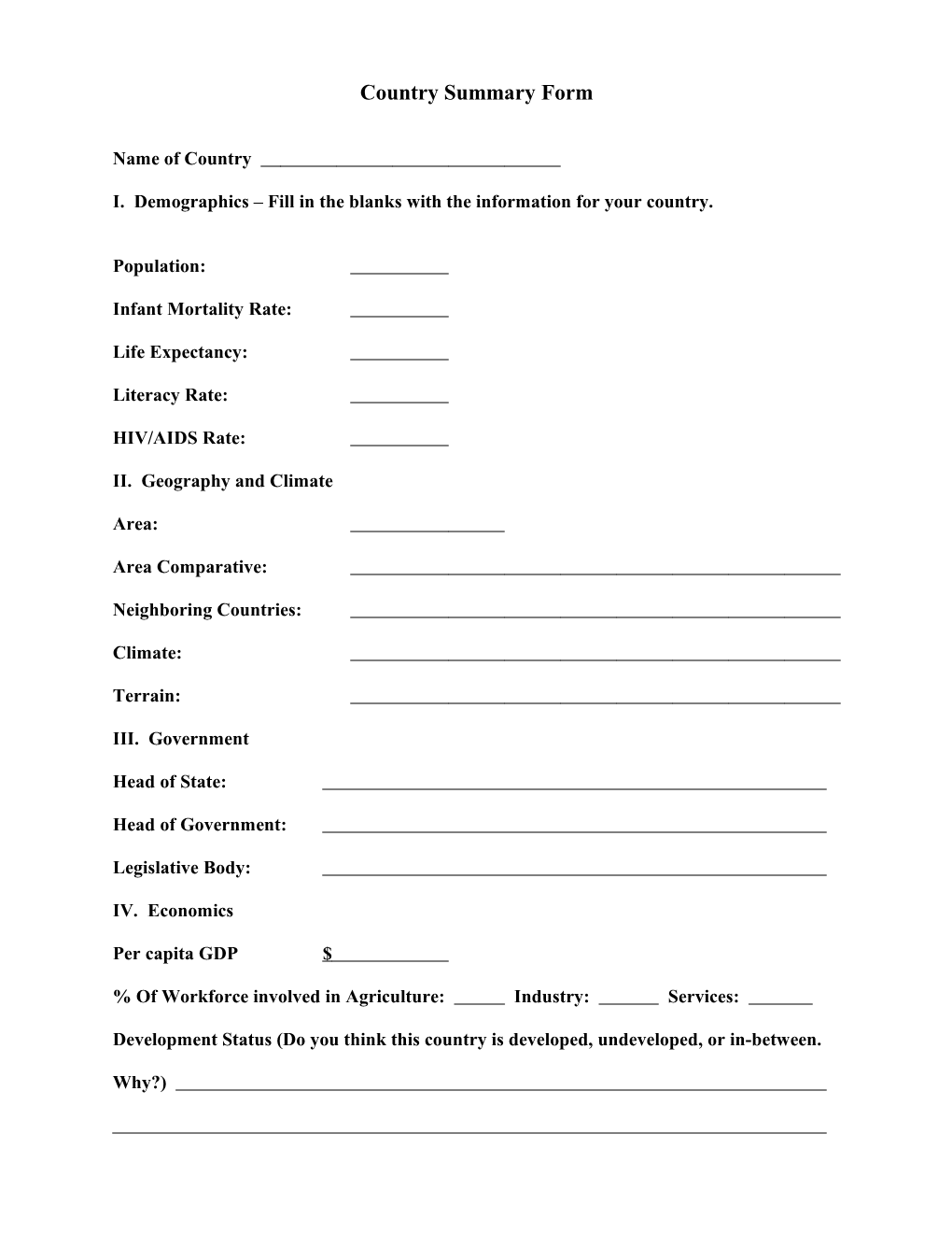 Country Report Worksheet