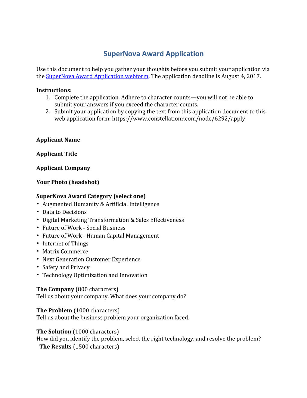 Supernova Award Application