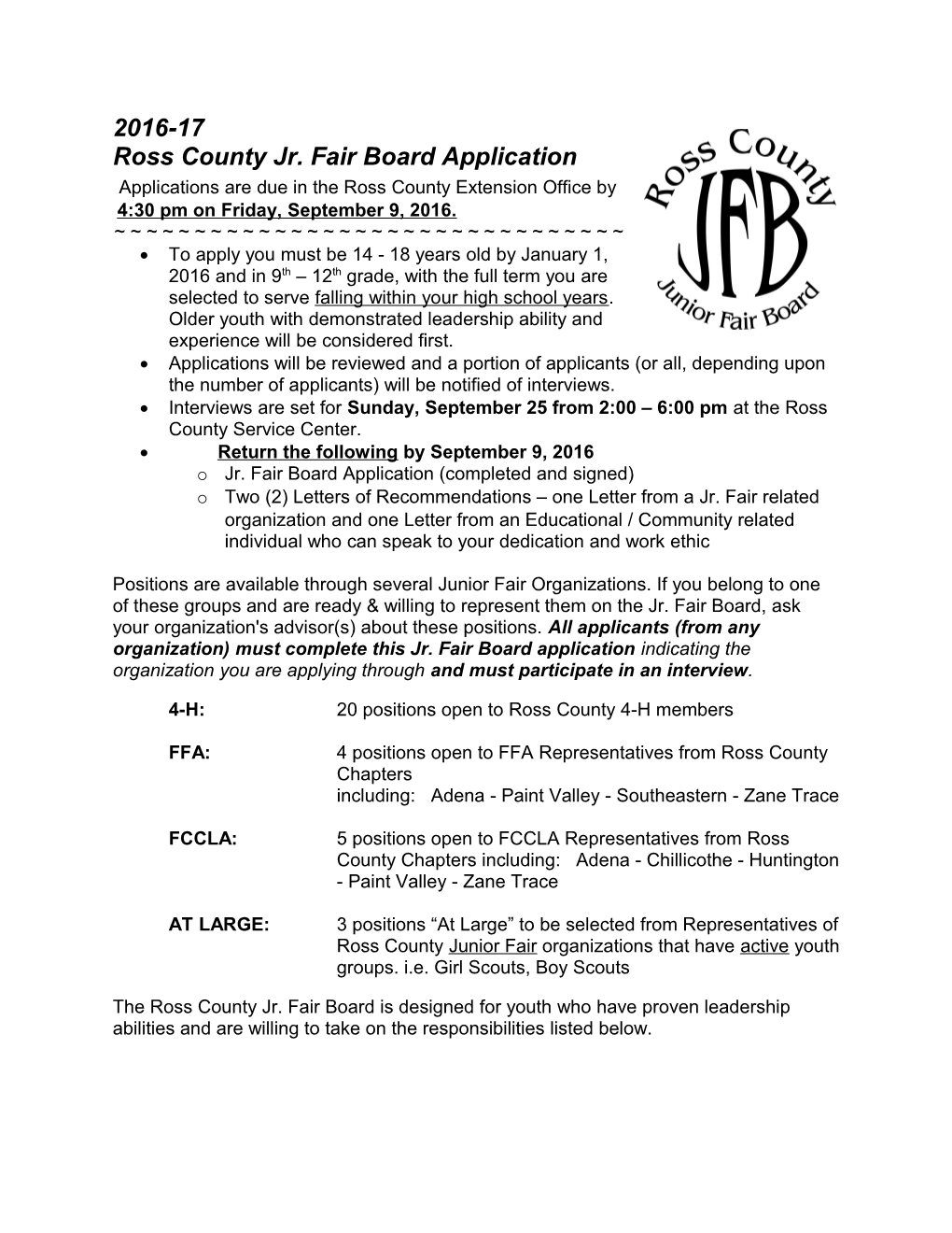 Ross County Jr. Fair Board Application