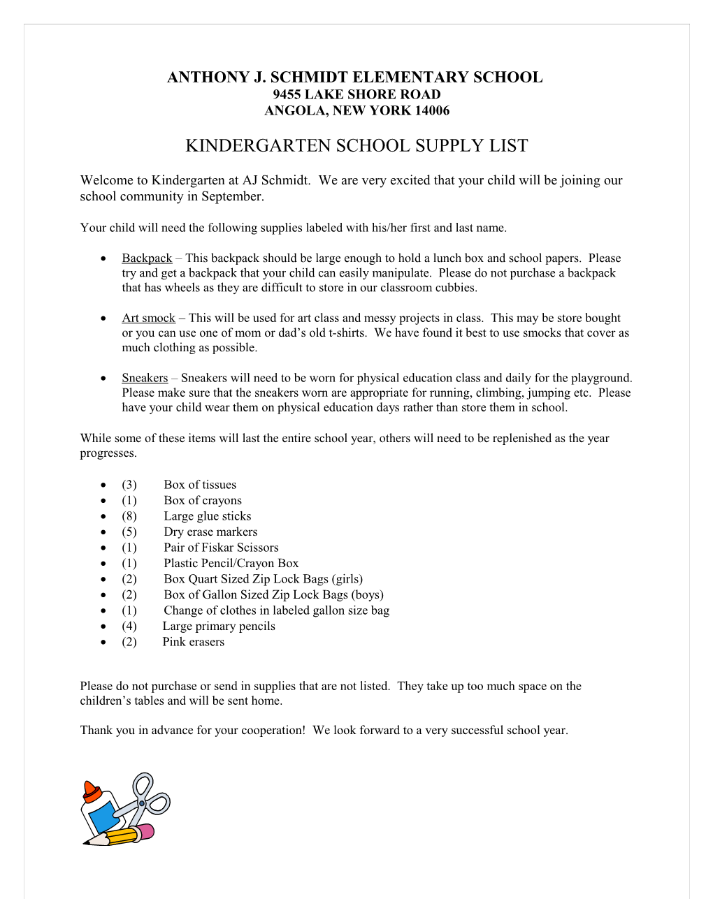 Kindergarten School Supply List s1