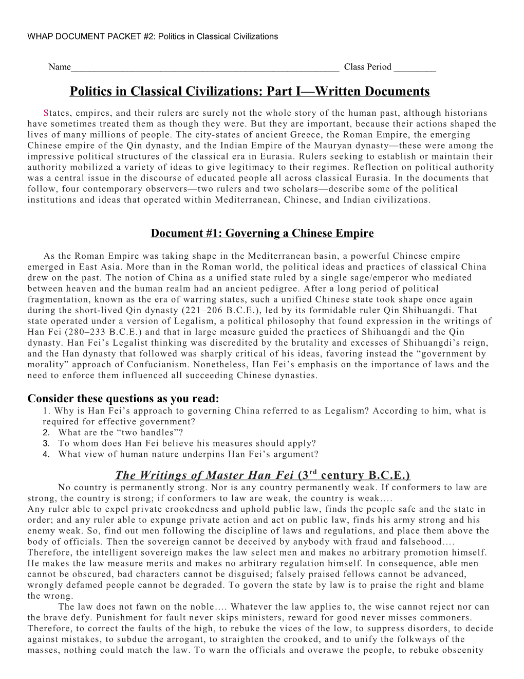 WHAP DOCUMENT PACKET #2: Politics in Classical Civilizations