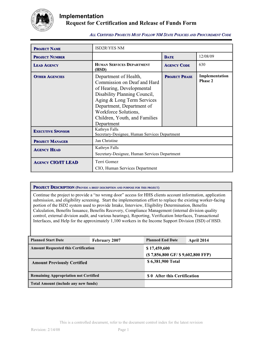 Request for Certification and Release of Funds Form s14