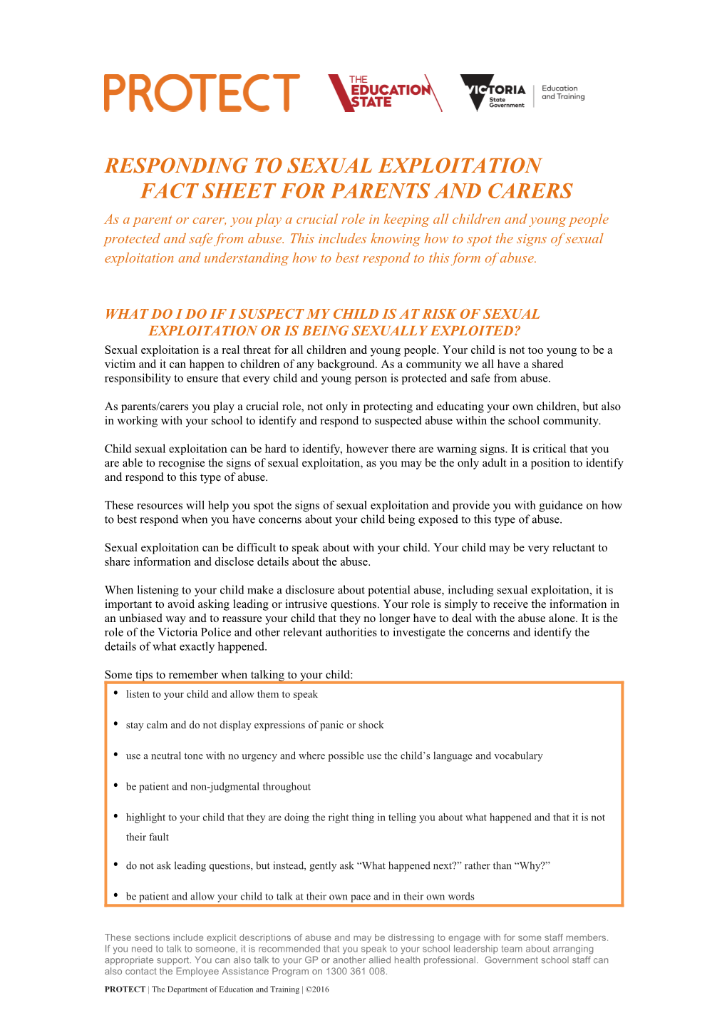 Responding to Sexual Exploitation Fact Sheet for Parents and Carers