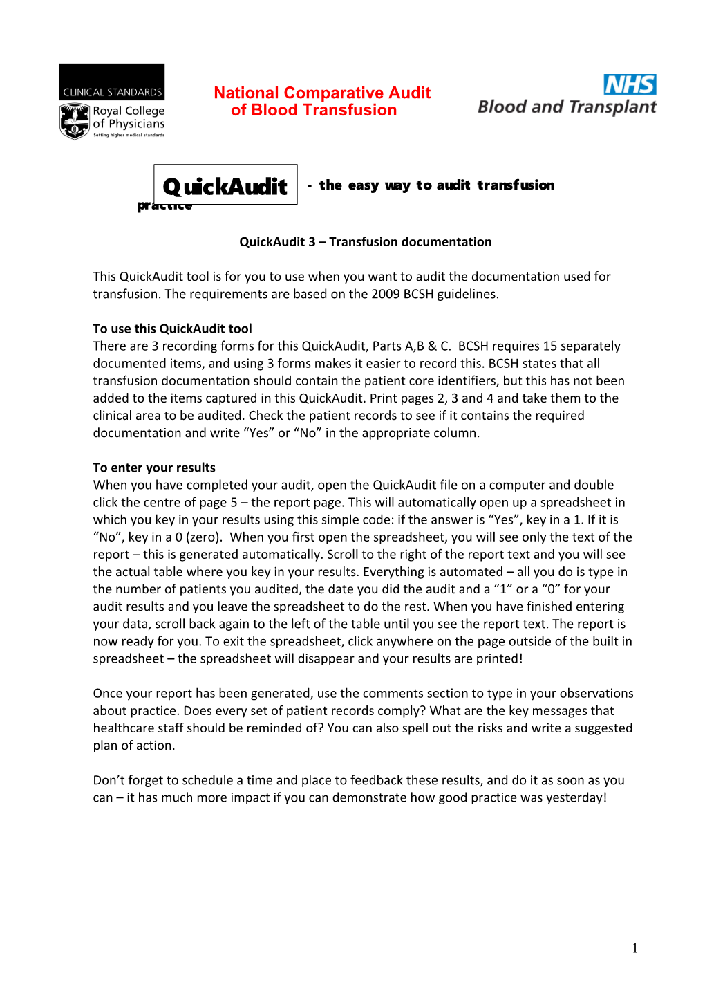 Quickaudit 3 Transfusion Documentation