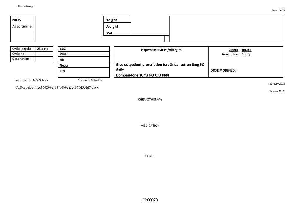 Chemo Chart: MDS Azacitidine