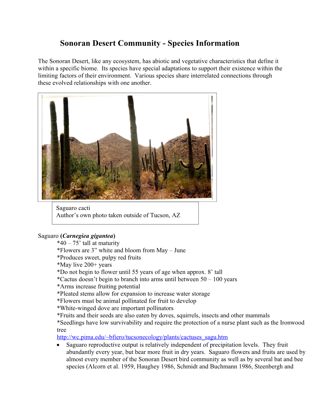 Sonoran Desert Community - Species Information