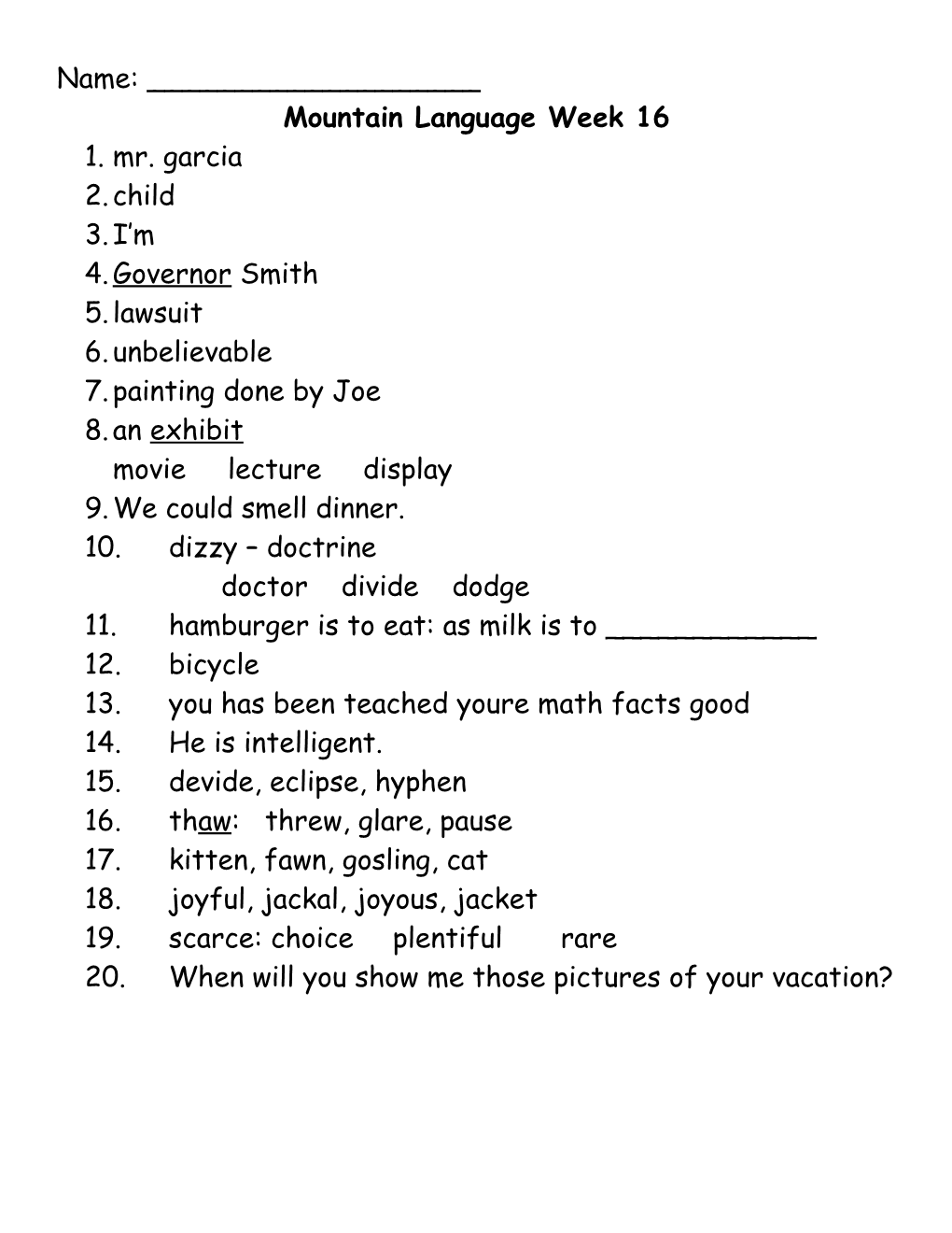 Mountain Language Answer Sheet