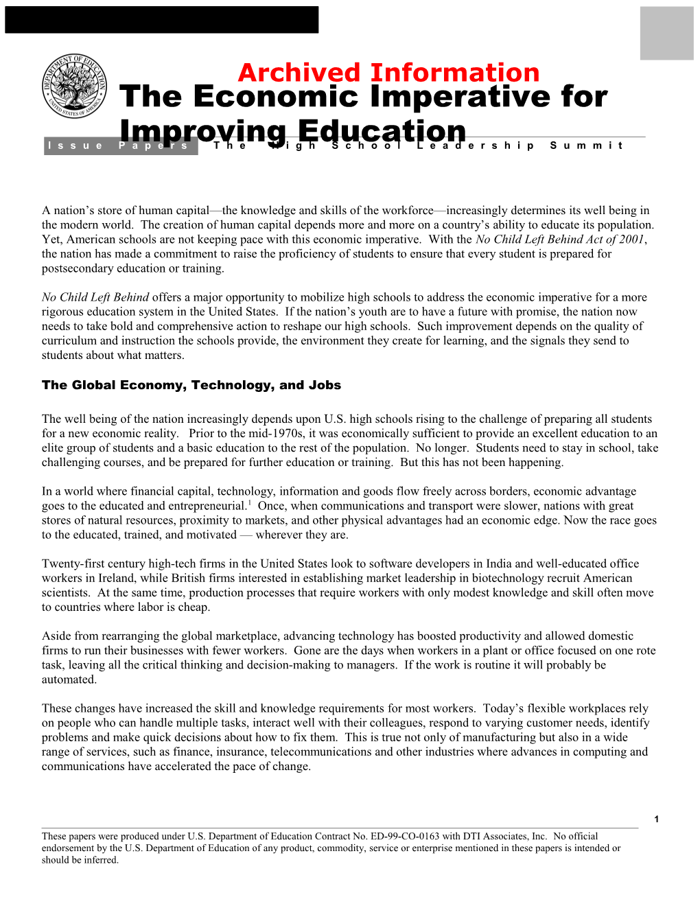 Archived: the High School Leadership Summit Issue Papers: the Economic Imperative for Improving