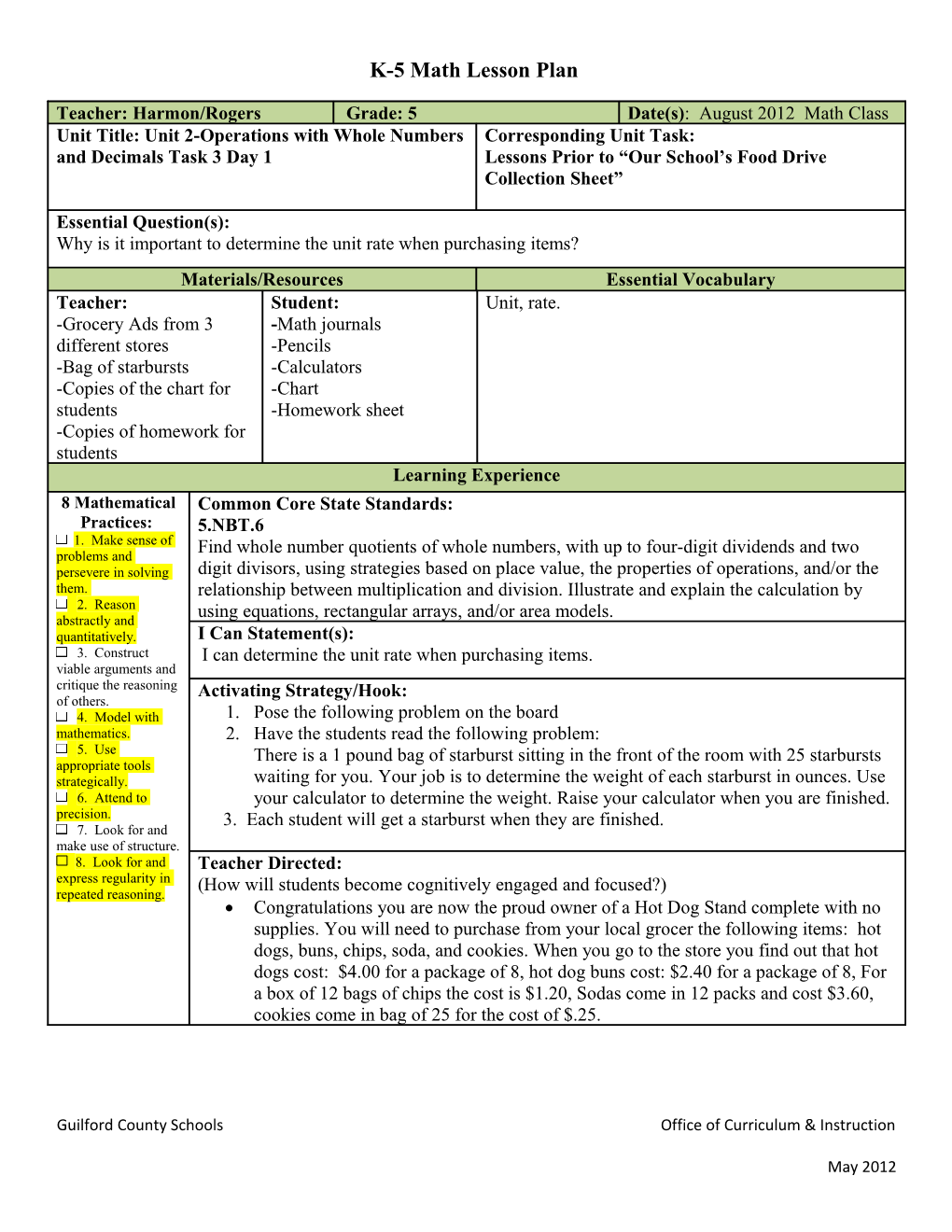 K-5 Math Lesson Plan s2