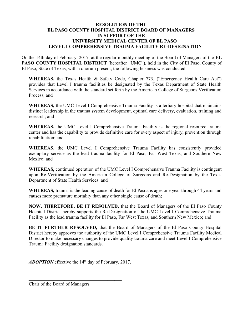 Resolution of the Board of Managers of the El Paso County Hospital District Amending The