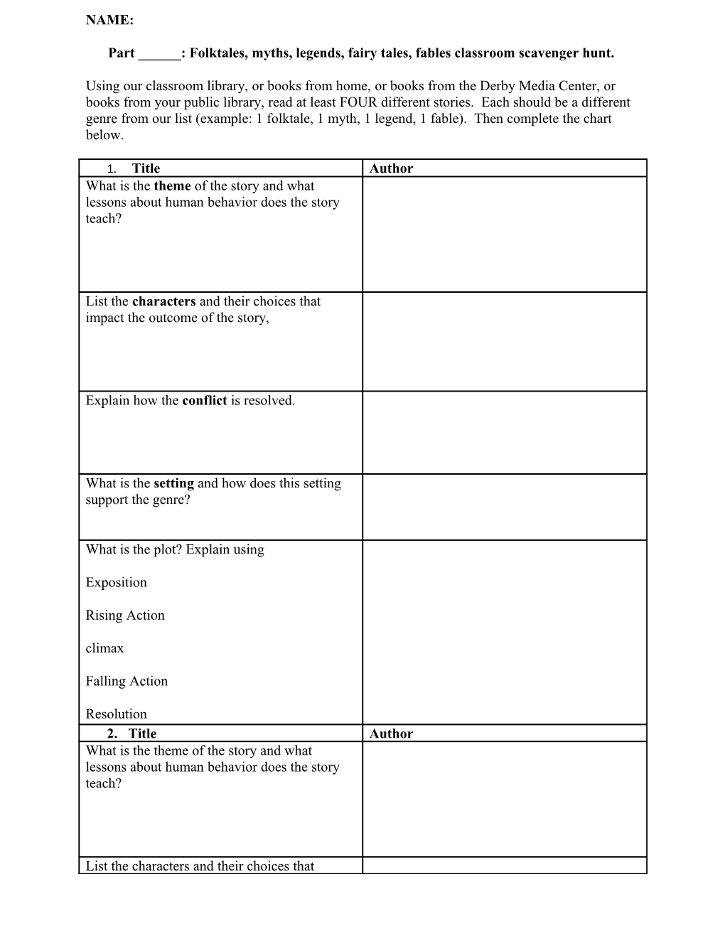 Part ______: Folktales, Myths, Legends, Fairy Tales, Fables Classroom Scavenger Hunt