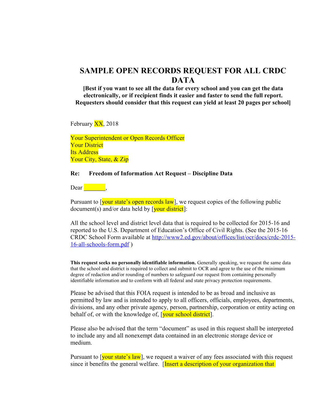 Sample Open Records Request for All Crdc Data