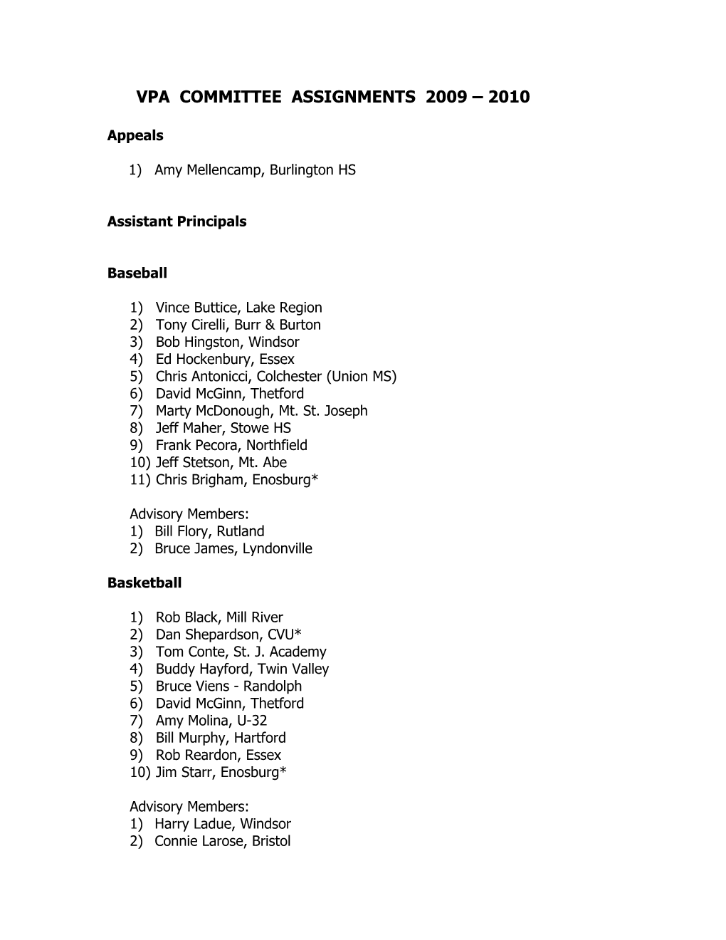 Vpa Committee Assignments 2009 2010