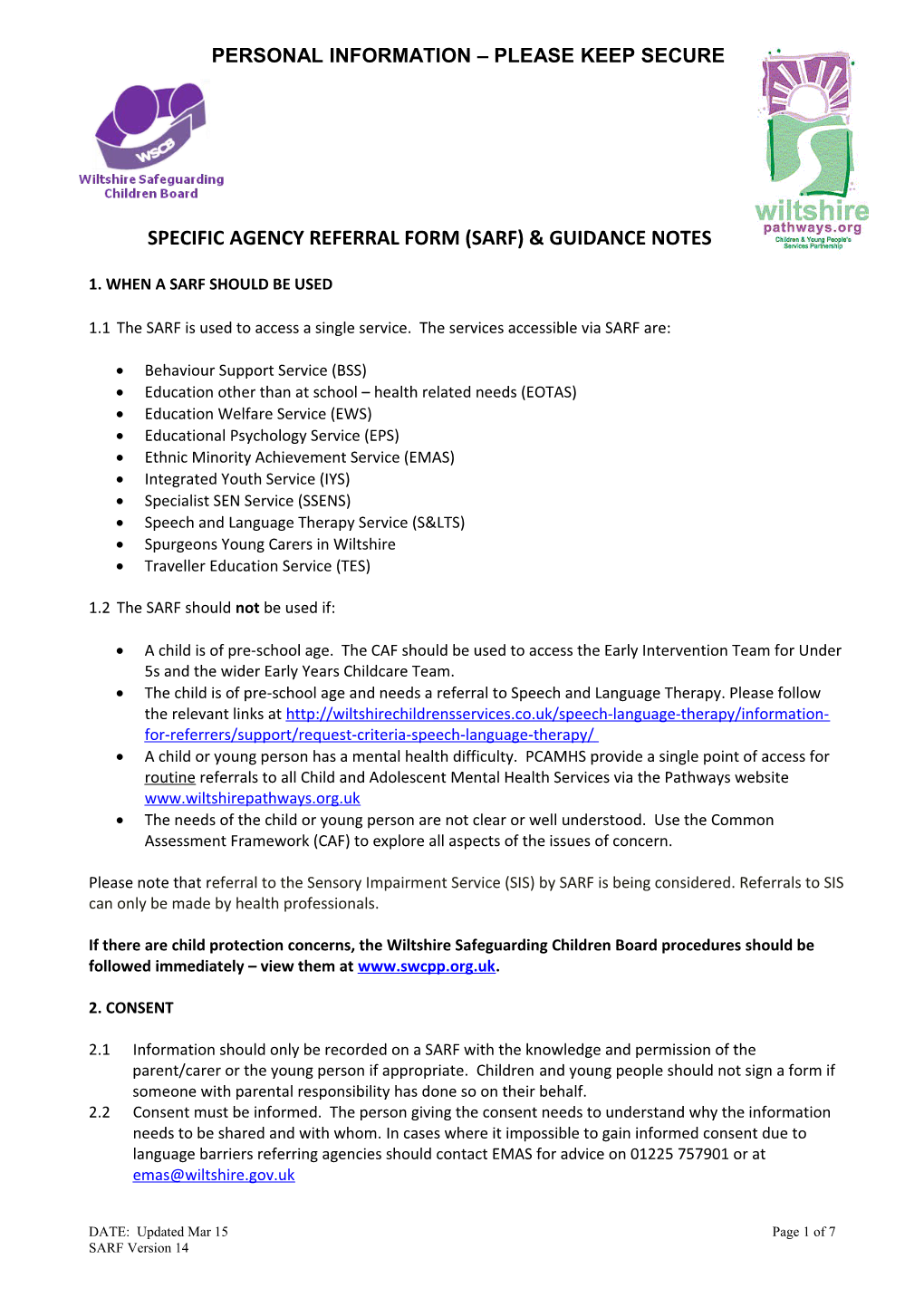 Specific Agency Referral Form (Sarf) & Guidance Notes