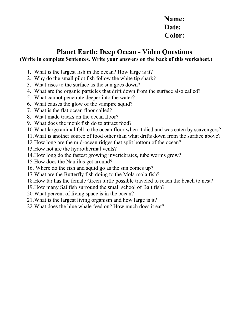 Planet Earth: Deep Ocean - Video Questions