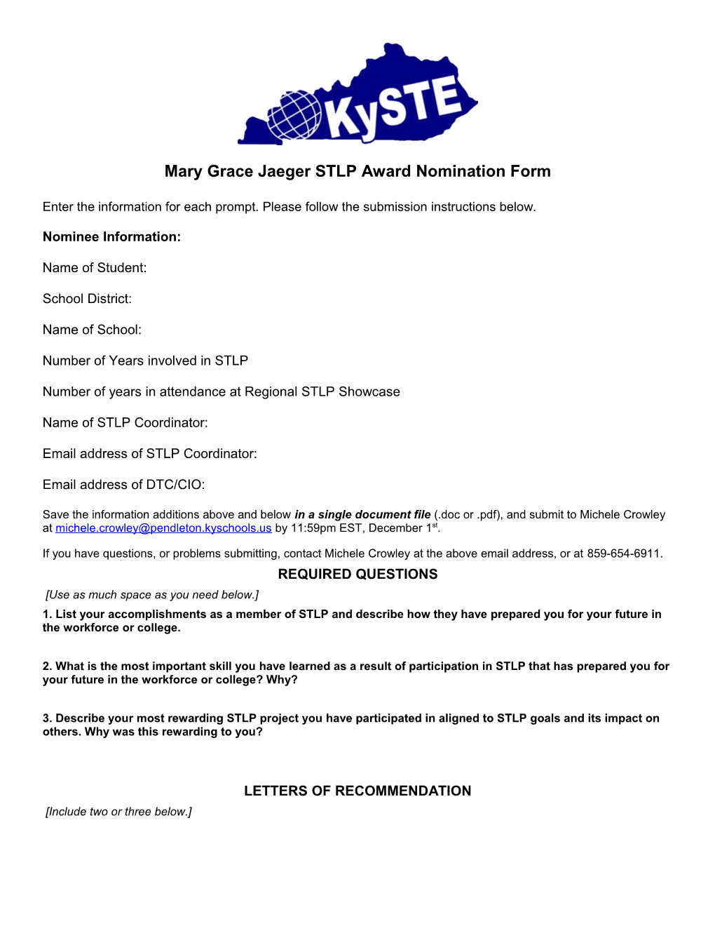 Mary Grace Jaeger STLP Award Nomination Form
