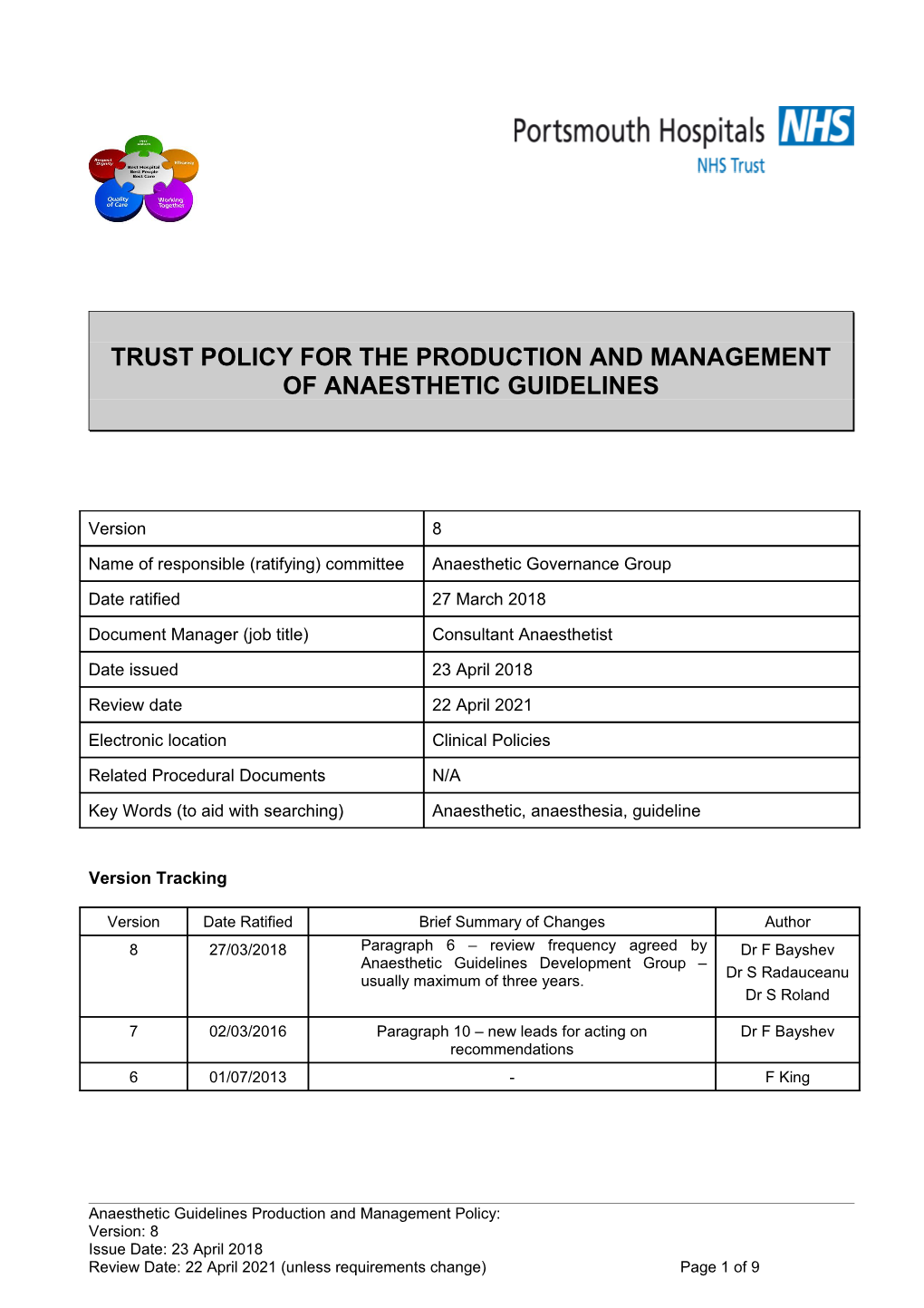 Trust Policy for the Production and Management of Anaesthetic Guidelines