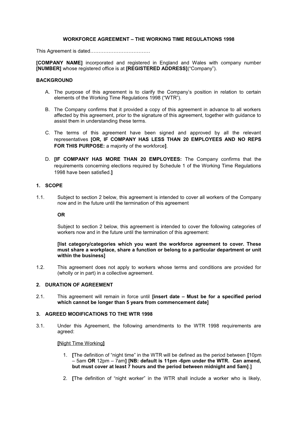 Workforce Agreement the Working Time Regulations 1998