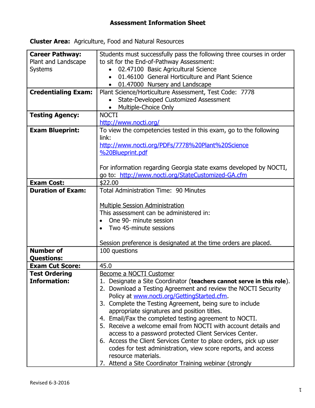 Assessment Information Sheet