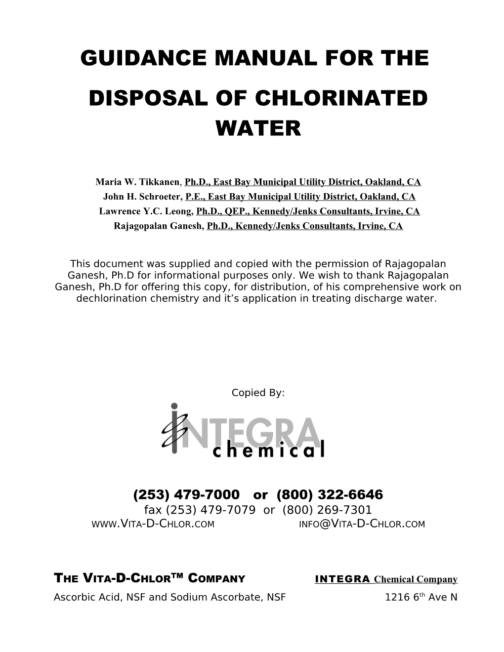 Guidance Manual for Disposal of Chlorinated Water