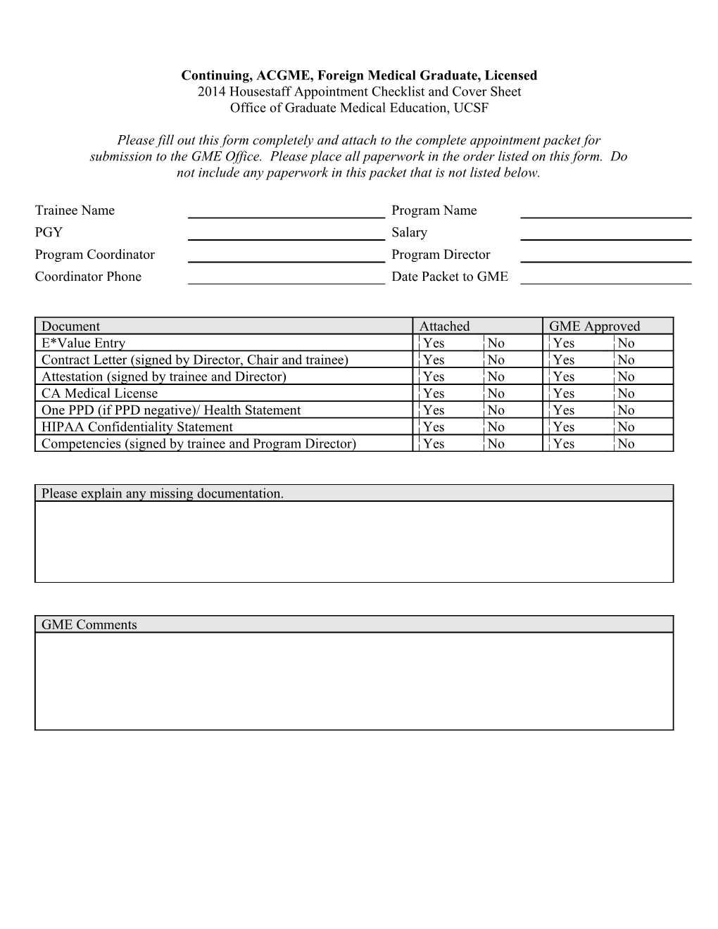 2007 UCSF Housestaff Appointment Checklist and Cover Sheet s1