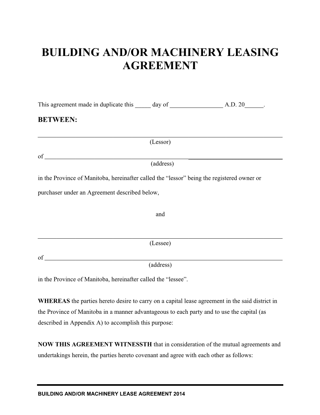 Building And/Or Machinery Leasing Agrrement