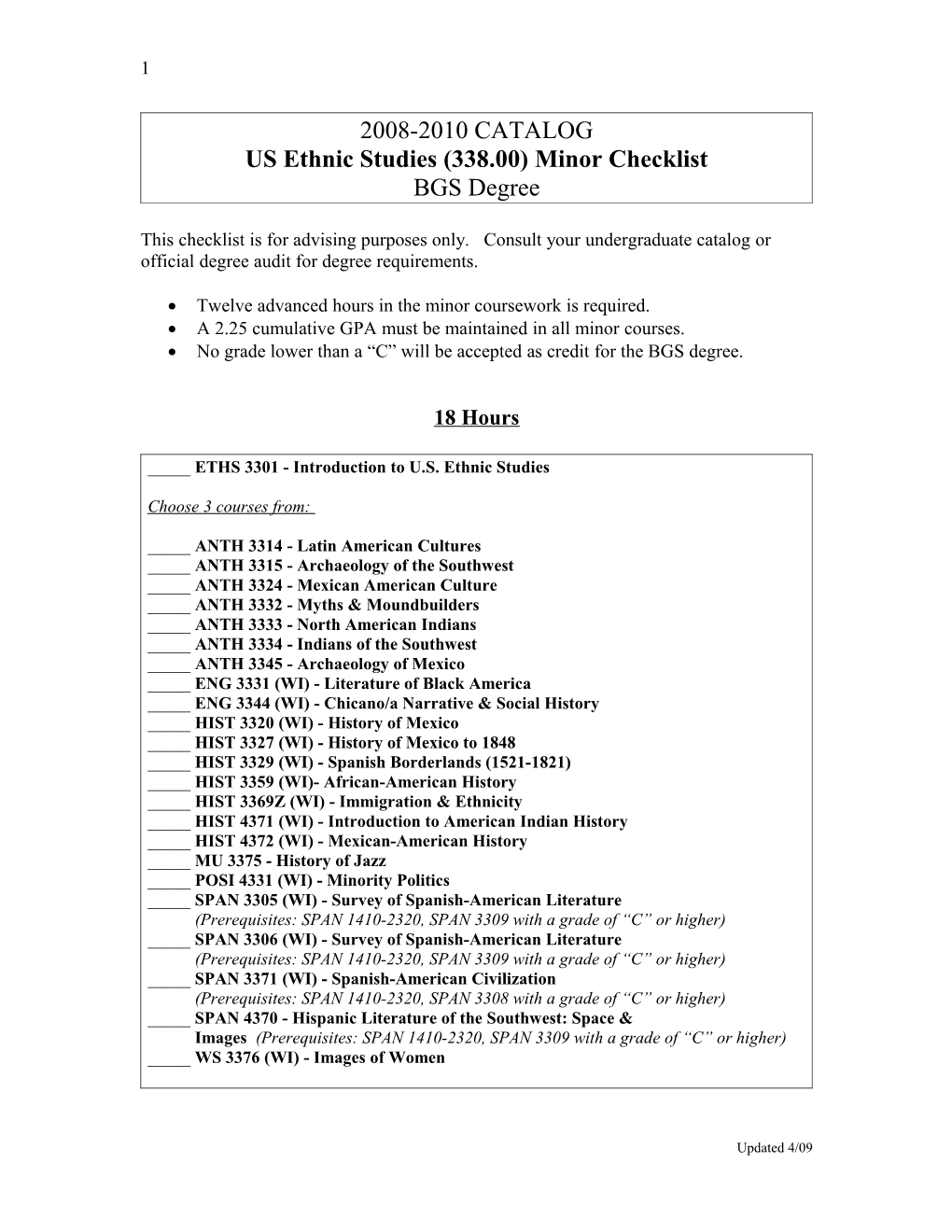 US Ethnic Studies (338.00) Minor Checklist
