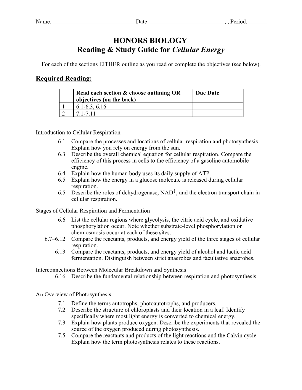 Reading & Study Guide for Cellular Energy